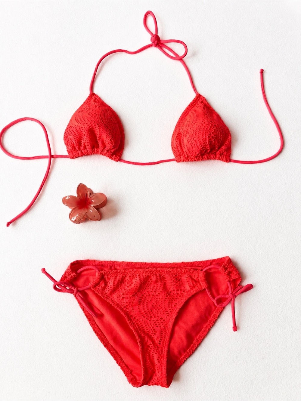 Bright Coral Crochet Triangle Bikini Set